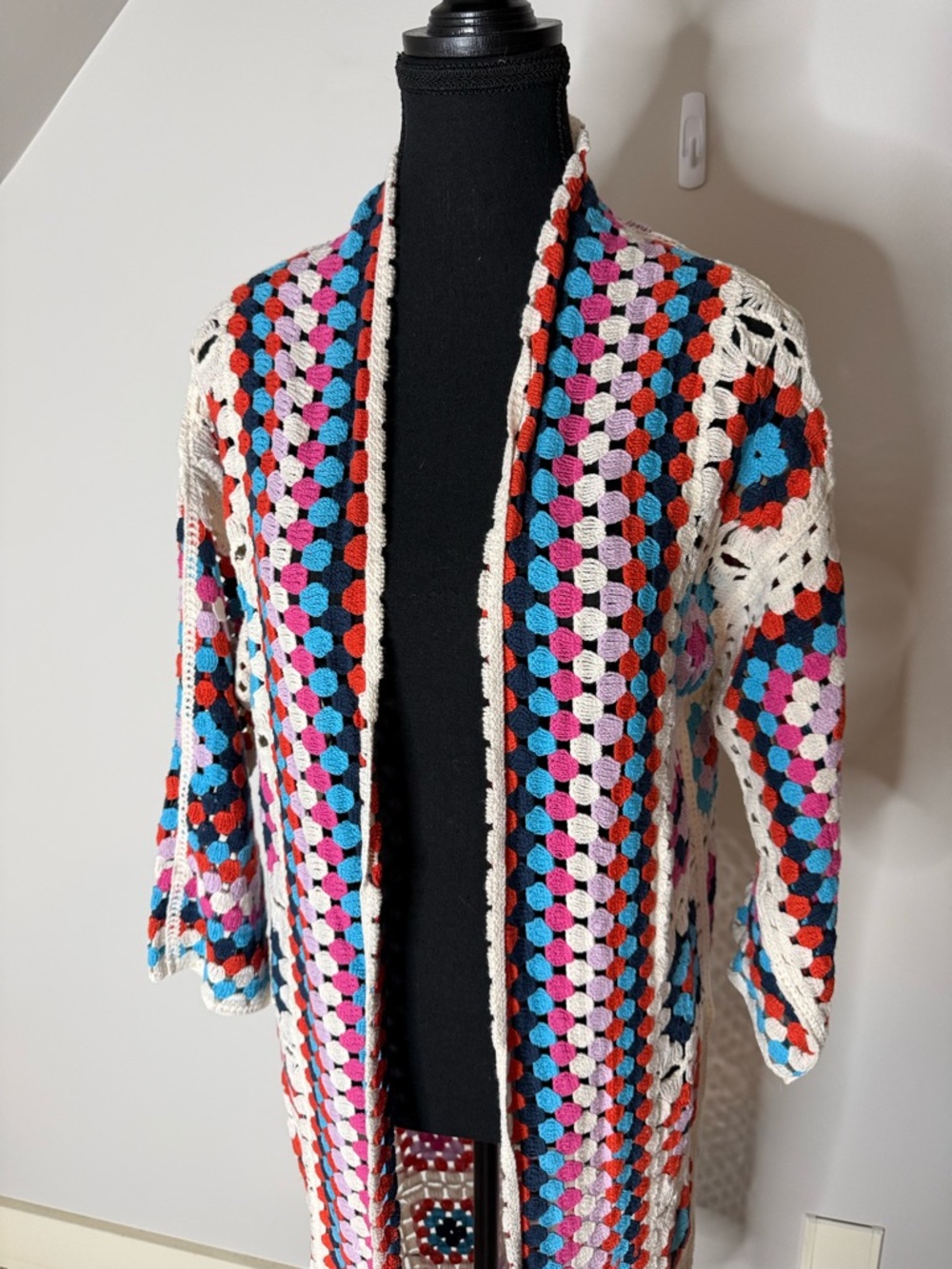 Crochet Granny Square Long Open Front Cardigan Duster Boho Cream Red Blue Medium - Picture 4 of 9